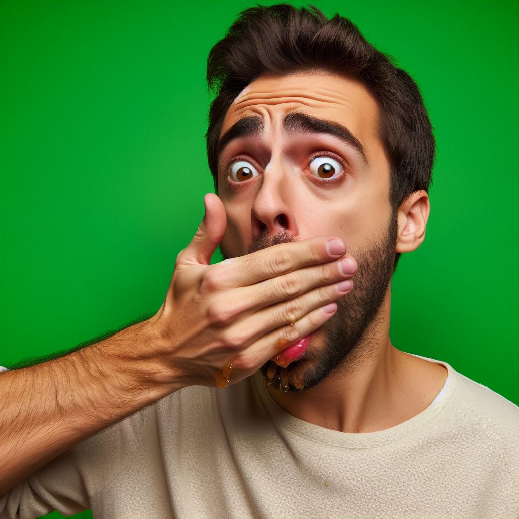 man holding his mouth with nausea and Vomiting