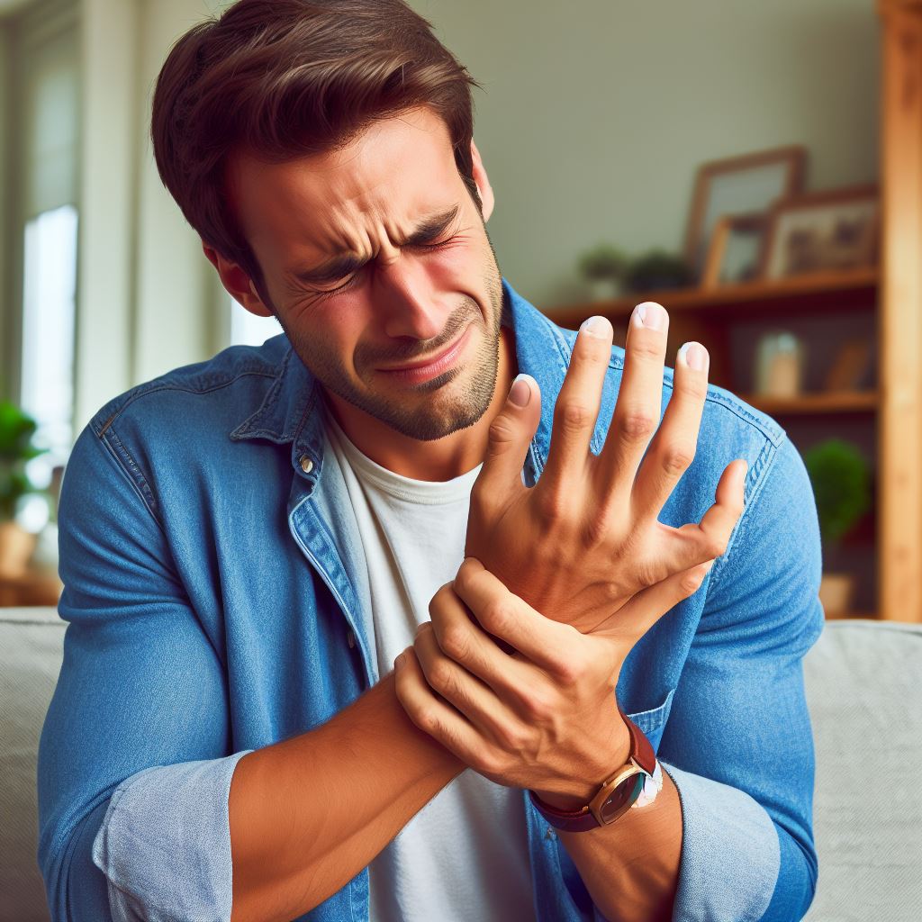 man holding his wrist in pain